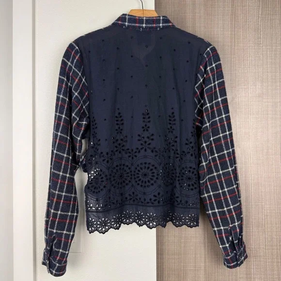 Sea New York‎ Navy Wool Plaid Peekaboo Shirt with Eyelet Back - Picture 8 of 13